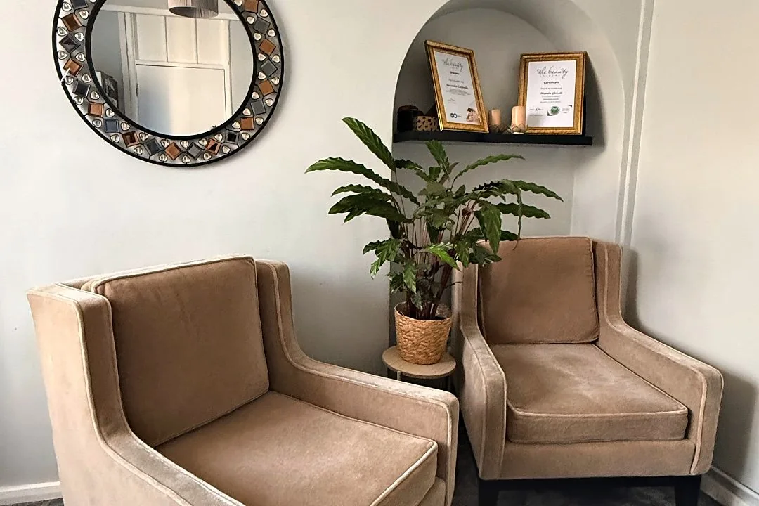 Waiting area with two velvet armchairs